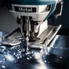 A close-up shot of a jigsaw blade cutting into a metal surface, with metal shavings scattered around. Voir les images du produit