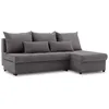 A dark gray sectional sofa with a chaise lounge and several throw pillows, shown against a white background. Produktbild-Vorschau