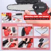 An instructional image showing how to assemble a mini chainsaw, with close-ups of different steps. Produktbild-Vorschau