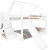 A white bunk bed with a slide and stairs, set against a white background. Náhled obrázku produktu