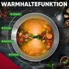A top-down view of a pot of stew with text overlays indicating different food types and a warming function. Anteprima dell’immagine prodotto