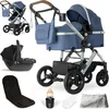 A collage of a baby stroller system and its accessories, including a bassinet, car seat, and other items. Produktbild-Vorschau