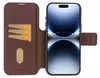 A brown leather wallet-style phone case with a phone inside, showing credit cards in slots. Náhled obrázku produktu