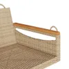 A close-up view of the armrest and seat of a beige poly rattan hanging chair. Náhled obrázku produktu