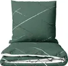 A folded duvet and a pillow with a green background and a striped pattern. Produktbild-Vorschau