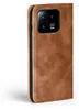 A brown leather flip case for a smartphone, shown from the side with the camera module visible. Produktbild-Vorschau