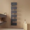 A modern anthracite towel radiator mounted on a light brown wall in a bathroom setting. Náhled obrázku produktu