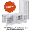 Several white wire fences are arranged in a way that suggests they can be folded or configured in different ways. A red circle with white dots and text is in the upper left corner. A green checkmark and German text are at the bottom. Produktbild-Vorschau