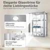 A glass display cabinet with items inside, with callout boxes highlighting features. Produktbild-Vorschau