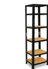 A black metal shelving unit with wooden shelves against a white background. Podgląd zdjęcia produktu