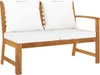 A wooden garden bench with white cushions, presented against a white background. Produktbild-Vorschau