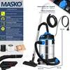 A Masko industrial vacuum cleaner with its accessories and descriptive text. Produktbild-Vorschau