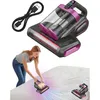 A woman is using a handheld vacuum cleaner on a mattress, with a close-up of the vacuum cleaner and a charging cable shown separately. Produktbild-Vorschau