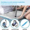 A person is using a vacuum cleaner to compress a large storage bag filled with bedding. Three different methods of sealing the bag are shown in circular insets at the bottom: a vacuum cleaner, an electric air pump, and a hand pump. Anteprima dell’immagine prodotto