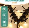 Close-up of warm white LED string lights wrapped around black poles, with marketing icons and text overlay. Produktbild-Vorschau