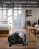 A rowing machine is shown in a living room setting, with text overlay indicating its compact size after folding. Produktbild-Vorschau