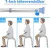 An image showing a shower stool with adjustable height settings, demonstrated by an elderly woman sitting on it at different heights. Produktbild-Vorschau