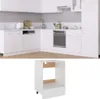 A modern white kitchen with appliances and cabinets, with a separate image of a white cabinet base. Produktbild-Vorschau