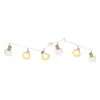 A white track lighting fixture with six adjustable spotlights, each with a clear glass shade and a brown wooden accent at the top. Produktbild-Vorschau
