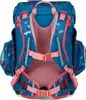 The back view of a blue and pink polka dot backpack with pink straps and mesh padding. Produktbild-Vorschau