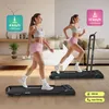 A split image showing a woman walking on a treadmill on the left and running on a treadmill on the right, with text overlays indicating speed and calorie burn. Podgląd zdjęcia produktu