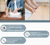 A collage showing a person wrapping bubble wrap and hands laying down wooden planks, with text overlays describing product features. Produktbild-Vorschau