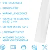 A roll of vacuum sealing bag material is shown on a white background, with a list of product features in German text to the left. Produktbild-Vorschau