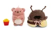 Three small plush toys are displayed on a white background. From left to right, they are a red french fry container with a smiling face, a pink bear, and a brown and yellow bee costume. Produktbild-Vorschau