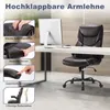 A brown leather office chair is shown in a modern office setting, with a desk and computer. Insets highlight features like the headrest, cushion, armrests, and back support. Produktbild-Vorschau