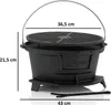 A black cast iron grill pot with dimensions indicated by measurement lines and text. Podgląd zdjęcia produktu
