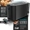 A black toaster with a bread roll attachment and a crumb tray is shown, with text overlays highlighting features. Produktbild-Vorschau