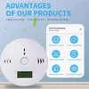 A white smoke detector is shown next to a panel detailing its core functions and advantages. Produktbild-Vorschau