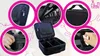 A collage of images showcasing a black makeup organizer case, with close-ups of its features and a hand interacting with it. Náhľad obrázku produktu