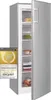 A silver upright freezer with its door open, showing multiple transparent drawers filled with food items. A badge is attached to the left side of the freezer. Produktbild-Vorschau