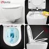 A collage of four images showing different aspects of a wall-mounted toilet. Produktbild-Vorschau
