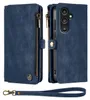 A blue wallet-style phone case with a zipper and a detachable wrist strap, shown from the front and side. Produktbild-Vorschau