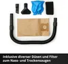 A collection of vacuum cleaner accessories including a hose, various nozzles, a dust bag, and a filter, laid out on a white background. Produktbild-Vorschau