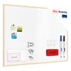 A whiteboard with a wooden frame, shown with accessories like markers, magnets, and an eraser. Anteprima dell’immagine prodotto