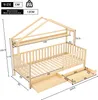 A diagram showing the dimensions of a wooden house-shaped bed with drawers. Voir les images du produit