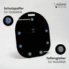 The underside of a black kitchen appliance accessory, likely a sliding board, is shown with protective bumpers and Teflon glides highlighted with callouts and text. Produktbild-Vorschau