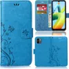 Collage of a blue flip phone case for a Xiaomi Redmi A1, showing the front, back, and inside with card slots and a phone. Produktbild-Vorschau