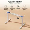A white adjustable desk frame with icons and text highlighting its features. Podgląd zdjęcia produktu