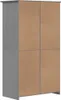 The back view of a gray wardrobe with visible particle board panels. Voir les images du produit