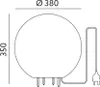 A technical drawing of a garden ball light with dimensions and a power cord. Náhľad obrázku produktu