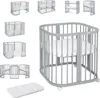 A collage of different configurations of a grey baby crib and a folded mattress. Produktbild-Vorschau