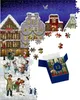 A partially assembled jigsaw puzzle depicting a winter town scene with children playing in the snow, and an open puzzle box with a "12" on it. Náhled obrázku produktu
