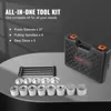 A tool kit laid out on a dark surface, with a black carrying case in the background. Produktbild-Vorschau