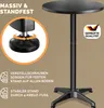 A black round-top table with a detailed close-up of its adjustable foot and a German quality seal. Produktbild-Vorschau