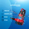 A red and black submersible pump is shown partially submerged in water, with water splashing around it. Technical specifications are listed on the left side of the image. Podgląd zdjęcia produktu