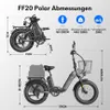 Diagrams showing the dimensions and specifications of an electric bicycle. Produktbild-Vorschau
